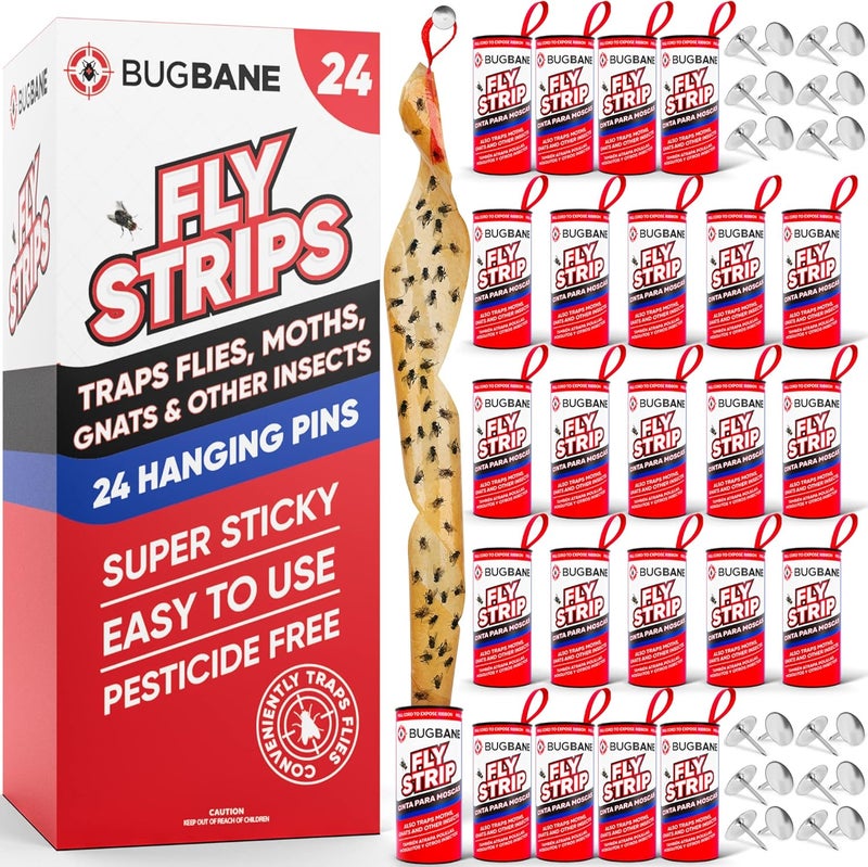 BugBane Fly Strips Indoor Sticky Hanging 24pk with Pins. Non Toxic Outdoor Fly Trap Indoor for Home. Flies Tape Paper Trap Ribbon Roll for House Gnat Fruit and Housefly. Bug Catchers for Inside Home Flypaper - Image 1